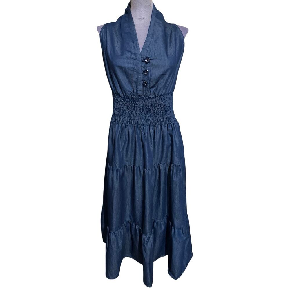 2025 Summer dress dark light denim 3 Tiered sleeveless v neck flowy Long Maxi Lg